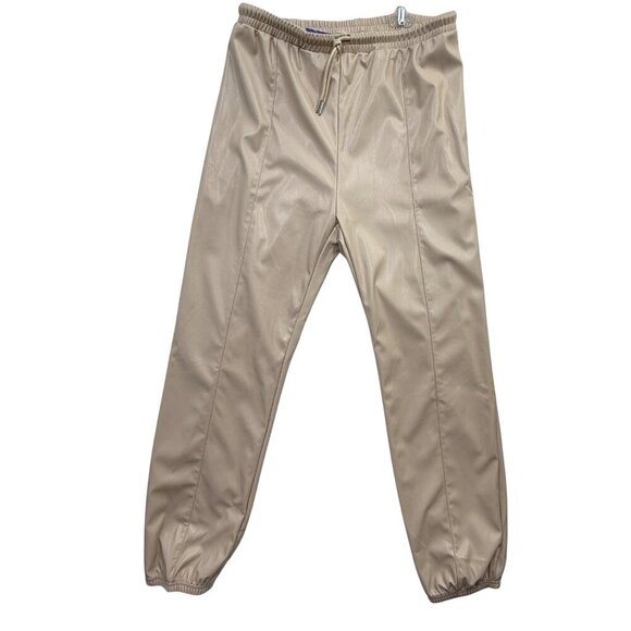 Foerns Faux Leather Jogger Pants High Waist Drawstring Beige Chic Womens L NEW - Picture 1 of 9